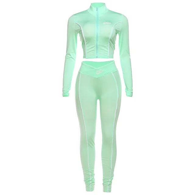 Midriff baring Long Sleeve Top Slim fit Sheath Trousers Suit Women Green - Shop at LoveMi