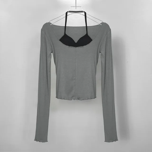 Dongdaemun Figure Halterneck Vest And Slightly Transparent Big Collar Long Sleeve T shirt Two piece Set Gray - Shop at LoveMi
