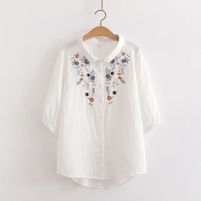Women's Flower Embroidered Cotton Yarn Shirt Summer White - Shop at LoveMi