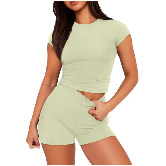Solid Color Slim Shirt Top High Waist Shorts Suit Light Green - Shop at LoveMi