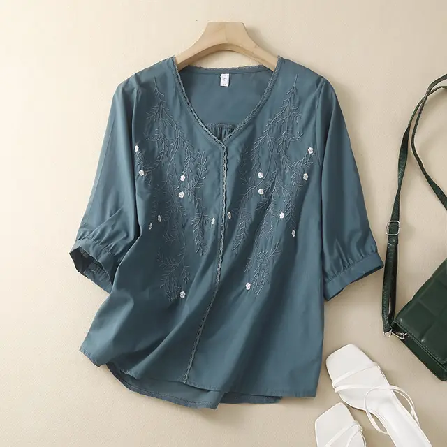 Cotton And Linen Thin Embroidery Loose Shirt Women Blue - Shop at LoveMi