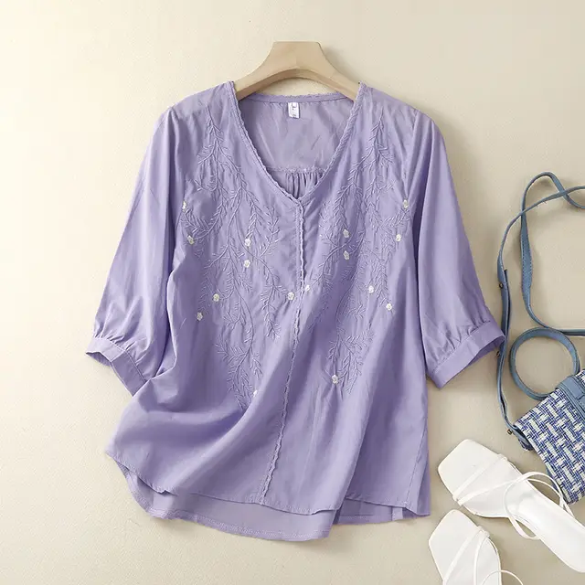 Cotton And Linen Thin Embroidery Loose Shirt Women Purple - Shop at LoveMi