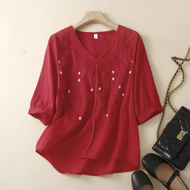 Cotton And Linen Thin Embroidery Loose Shirt Women Red - Shop at LoveMi
