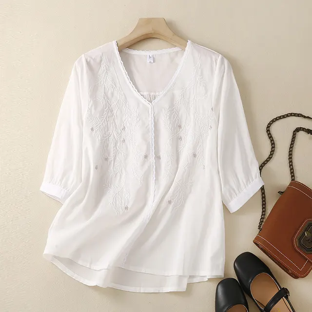 Cotton And Linen Thin Embroidery Loose Shirt Women White - Shop at LoveMi