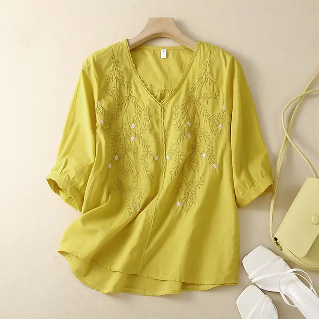 Cotton And Linen Thin Embroidery Loose Shirt Women Yellow - Shop at LoveMi