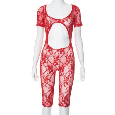 Women's Sexy Lace Stitching U neck Short sleeved Cropped Hollow Siamese Shorts Red - Shop at LoveMi