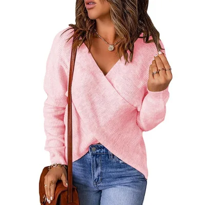 Autumn And Winter European And American Fashion New Style Sweater Women's Cross Knitted Pink - Shop at LoveMi