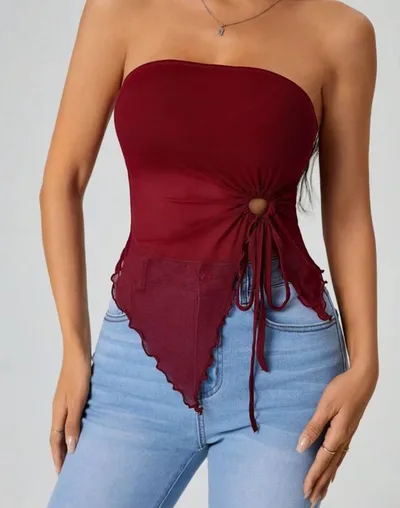 Tube Top Elegant Shoulder baring Hot Irregular Sleeveless Top Wine Red - Shop at LoveMi