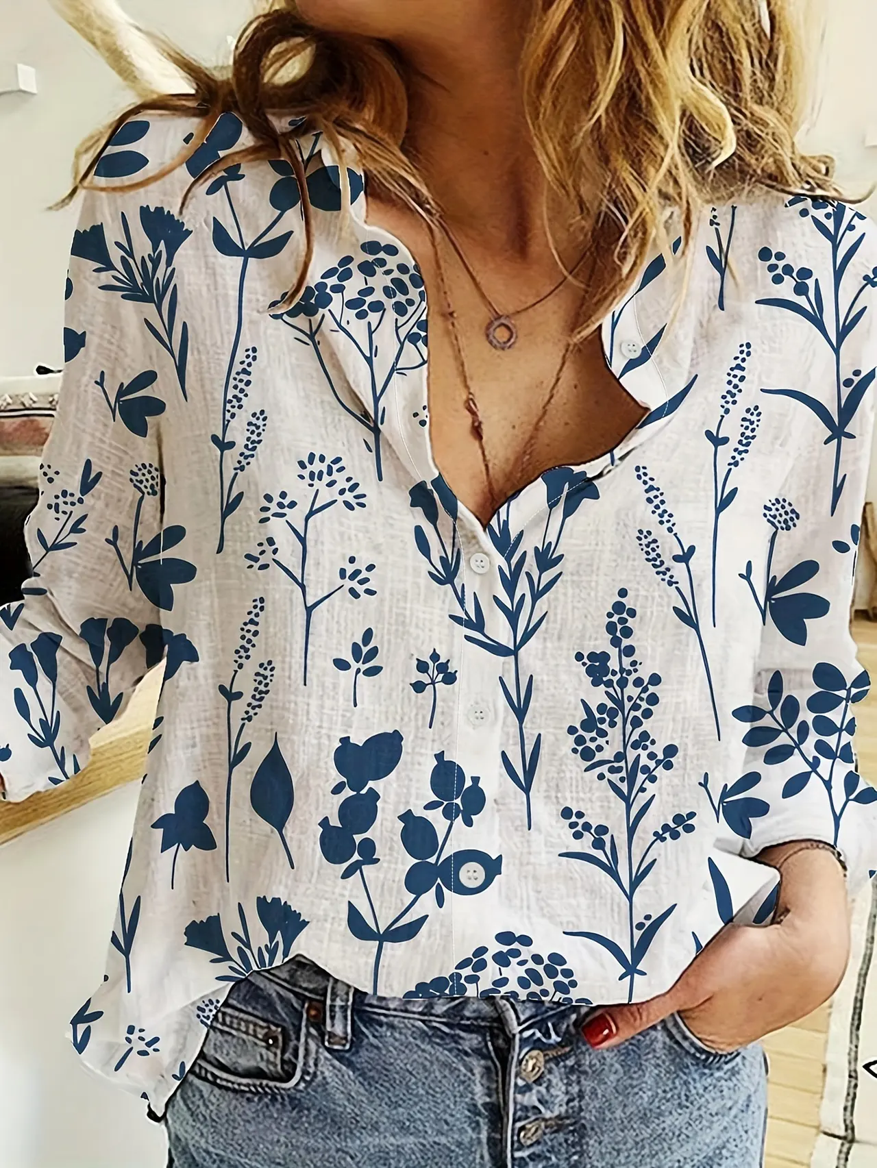 Women's 3D Digital Printing Lapel Collar Long-sleeved Shirt - Color