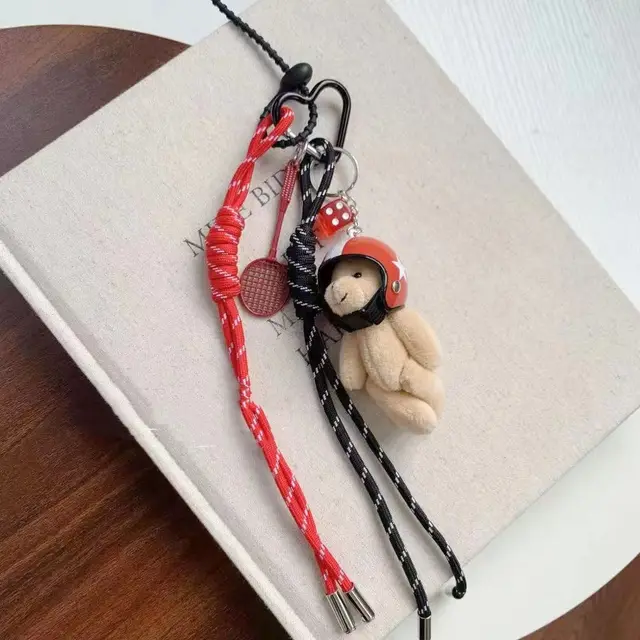 Special interest Design Helmet Motorcycle Bear Braided Rope Doll Keychain Red Racket - Shop at LoveMi
