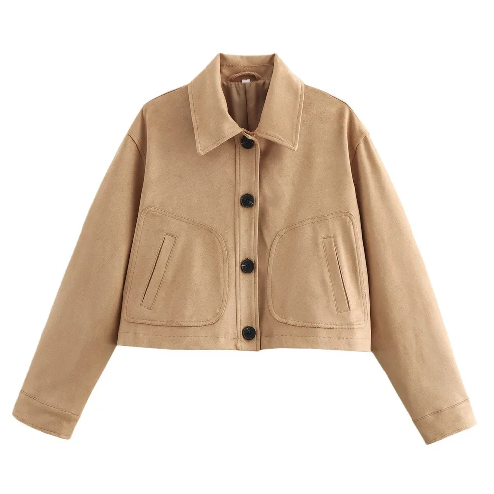 Lapel Leather Velvet Short Jacket - Dark Khaki Cloth Color