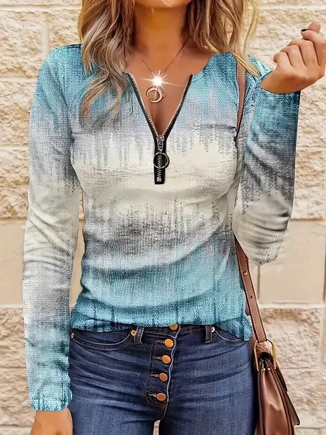 Women's Casual Loose Contrast Striped Half Zipper Top G43Z734 - Shop at LoveMi