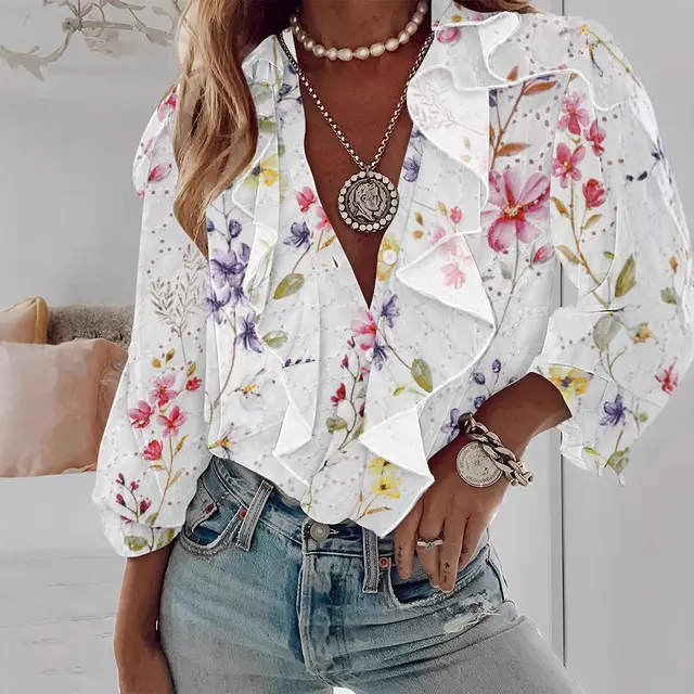 Printed Embroidered Ruffled Long sleeved Top White - Shop at LoveMi