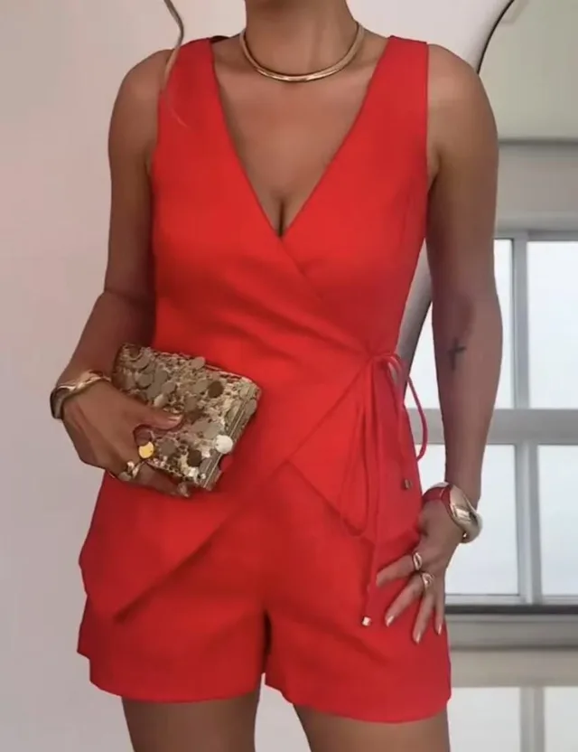 Solid Color Tie Vest High Waist Shorts Suit Red - Shop at LoveMi