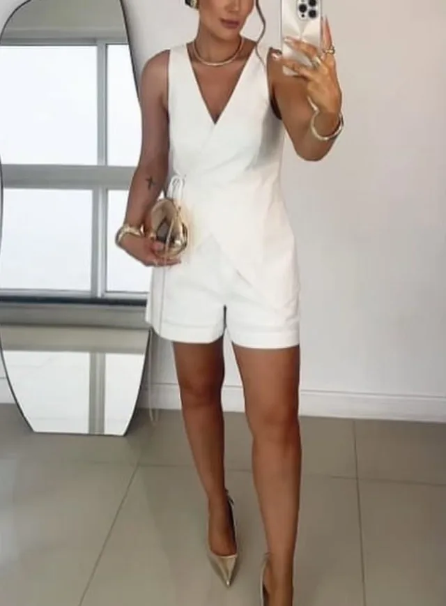 Solid Color Tie Vest High Waist Shorts Suit White - Shop at LoveMi