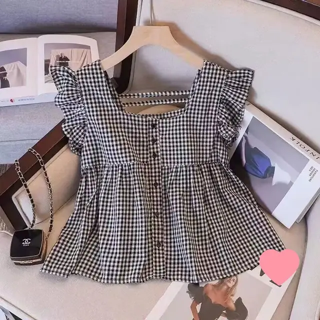 Women's Summer Square Collar Loose All match Backless Small Doll Shirt Black Plaid - Shop at LoveMi