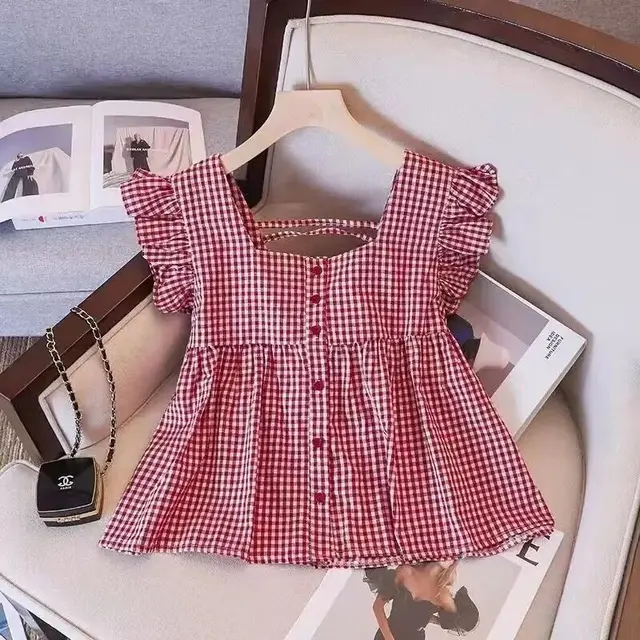 Women's Summer Square Collar Loose All match Backless Small Doll Shirt Red Plaid - Shop at LoveMi