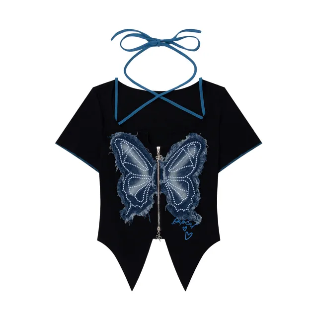 Women's Fashionable Retro Butterfly Patch Short Top Black - Shop at LoveMi
