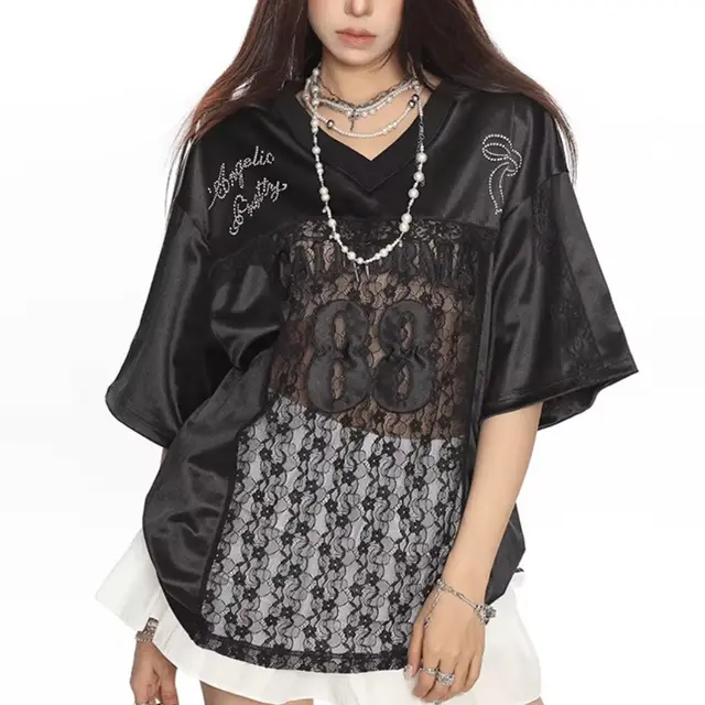 American Retro Lace Stitching Letter Embroidery Short Sleeve T shirt Black - Shop at LoveMi