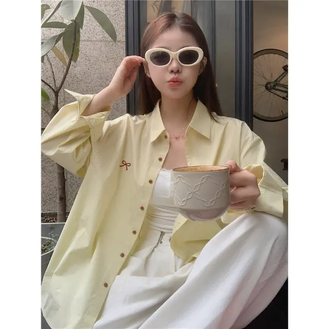 Gentle Bow Embroidered Shirt For Women Yellow - Shop at LoveMi