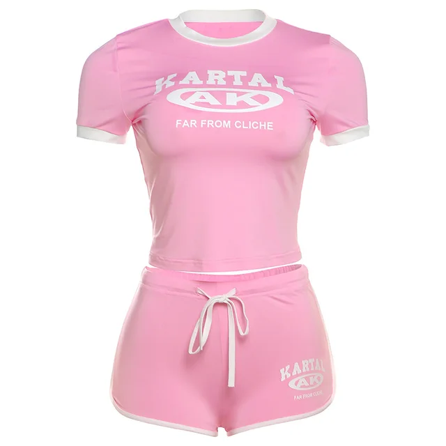 Spring New Fashion Printed Slim Fit Midriff baring Shorts Suit Pink - Shop at LoveMi