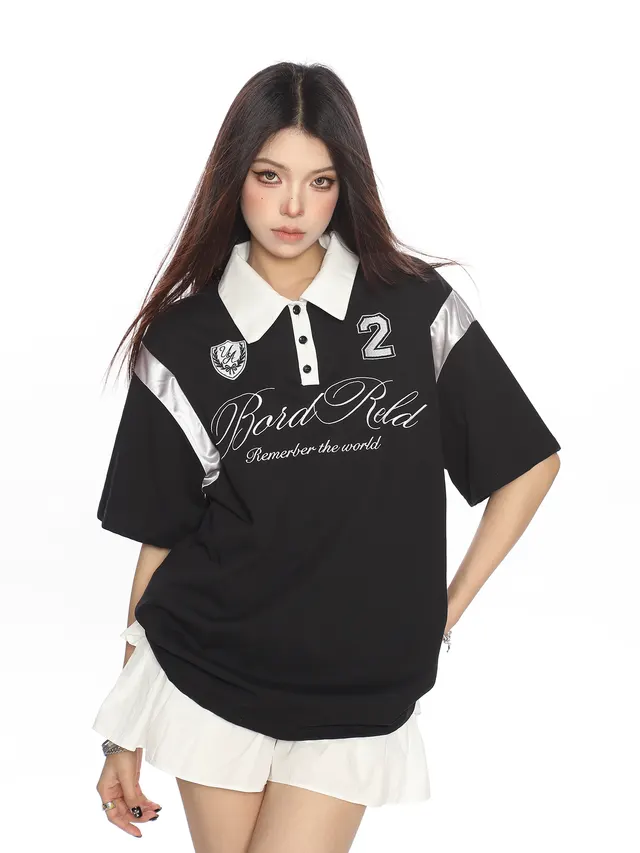 American Raglan Sleeve Polo Collar Short Sleeve Black - Shop at LoveMi