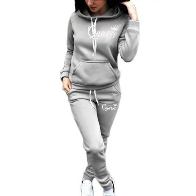 Ladies Hooded Sports And Leisure Fleece lined Sweater Suit Light Gray - Shop at LoveMi