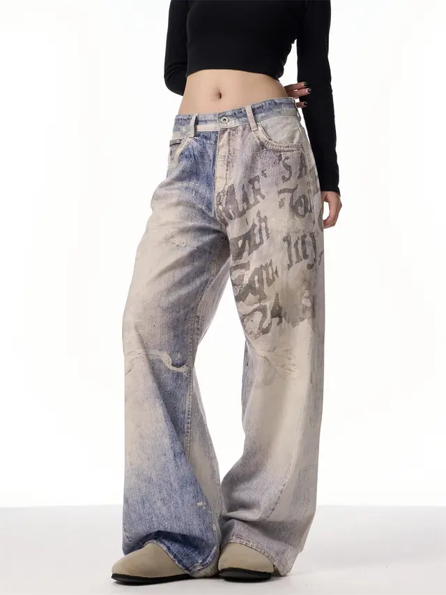 3D Printing Gradient Letter Printed Jeans Long Pants Blue - Shop at LoveMi
