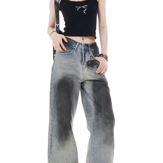 Retro High Waist Wide Leg Ripped Jeans Blue - Shop at LoveMi