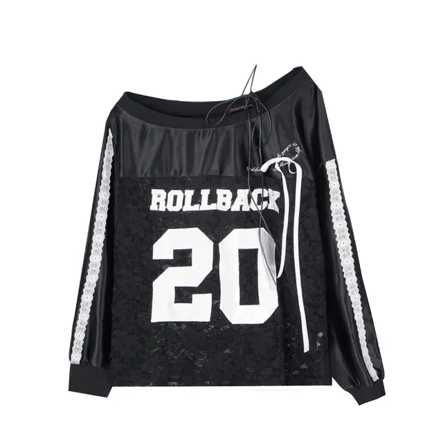 Retro Heavy Industry Digital Paste Cloth Embroidery Off shoulder Stitching Long Sleeve T shirt Black - Shop at LoveMi