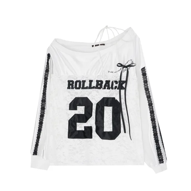 Retro Heavy Industry Digital Paste Cloth Embroidery Off shoulder Stitching Long Sleeve T shirt White - Shop at LoveMi