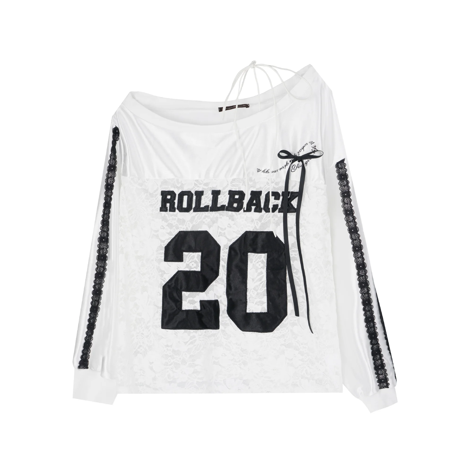 Retro Heavy Industry Digital Paste Cloth Embroidery Off-shoulder Stitching Long Sleeve T-shirt - White