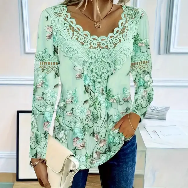 Women's Stitching Lace Round Neck Long Sleeve Top Green - Shop at LoveMi