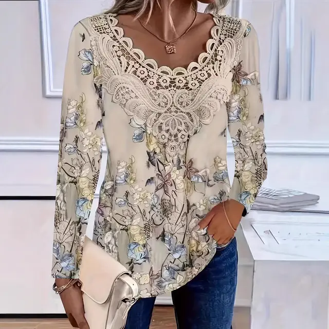 Women's Stitching Lace Round Neck Long Sleeve Top Khaki - Shop at LoveMi