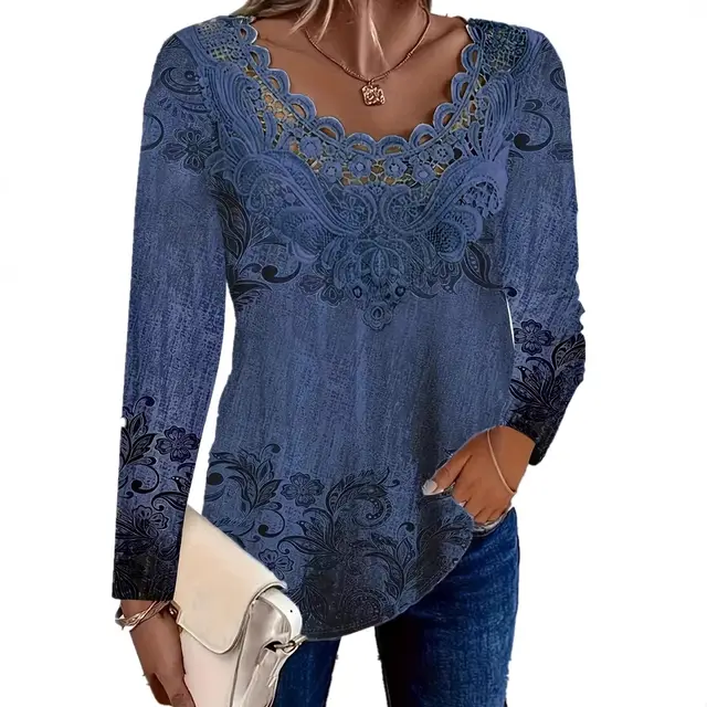 Women's Stitching Lace Round Neck Long Sleeve Top Navy Blue - Shop at LoveMi