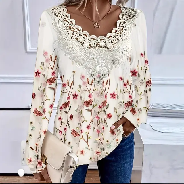 Women's Stitching Lace Round Neck Long Sleeve Top Red - Shop at LoveMi