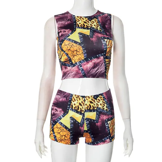 Leopard Print Stud For Autumn And Winter Printed Sleeveless Midriff baring Tight Shorts Suit Purple - Shop at LoveMi