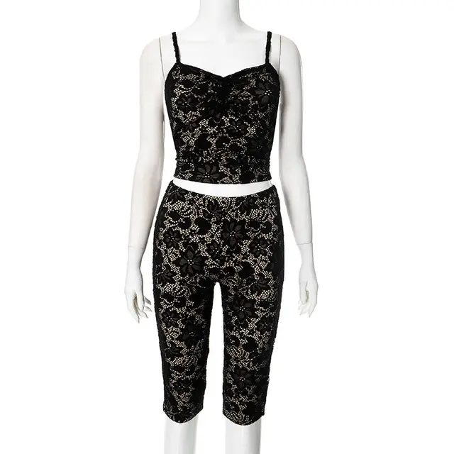 New Sexy Lace See through Suspender Top Hip Lifting Casual Pants Two piece Set Black - Shop at LoveMi