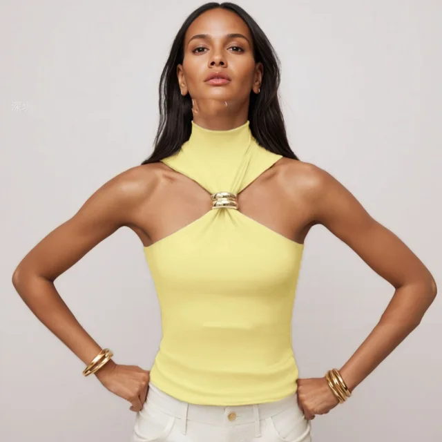 Gold Ring Sleeveless Cold shoulder Stretch Top Yellow - Shop at LoveMi