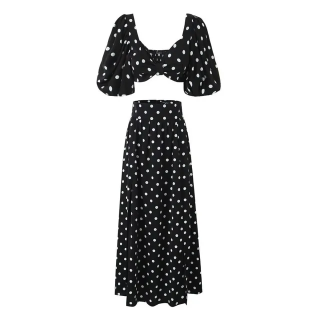 Seaside Vacation Sexy Polka Dot Split Top Mid length Dress Set Black - Shop at LoveMi
