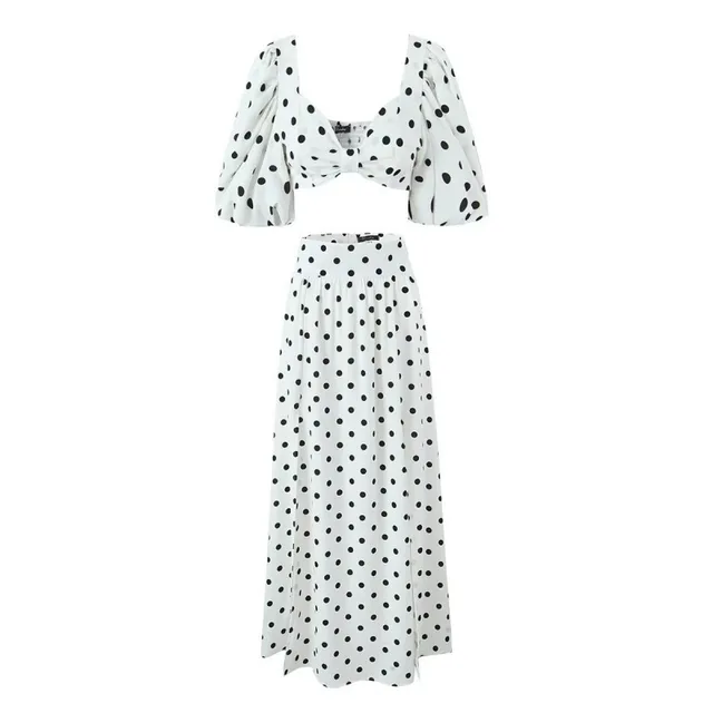 Seaside Vacation Sexy Polka Dot Split Top Mid length Dress Set White - Shop at LoveMi