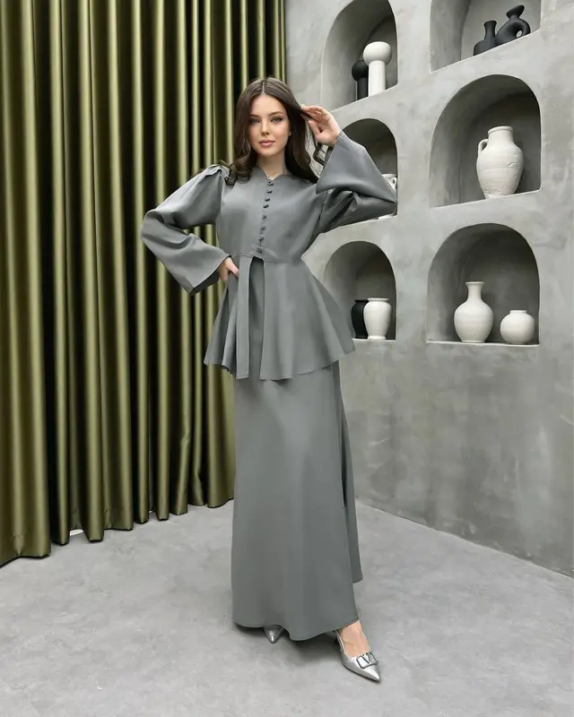 New Fashion Elegant Graceful Cardigan Top Solid Color Dress Two piece Set Gray - Shop at LoveMi