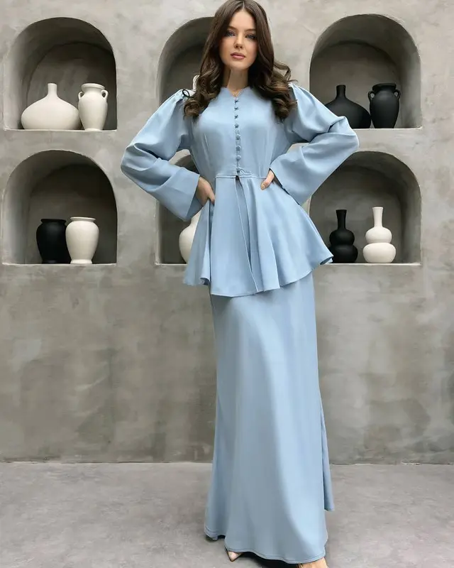 New Fashion Elegant Graceful Cardigan Top Solid Color Dress Two piece Set Light Blue - Shop at LoveMi