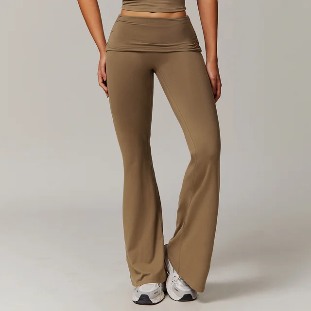 Wool Pleated Yoga Fold High Waist Running Sports Skinny Versatile Bell bottom Pants Women Caramel Mocha - Shop at LoveMi