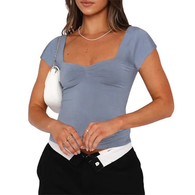 French Style Vintage Wide Shoulder Strap Slim Chest Pleated Short Sleeves Women Blue - Shop at LoveMi
