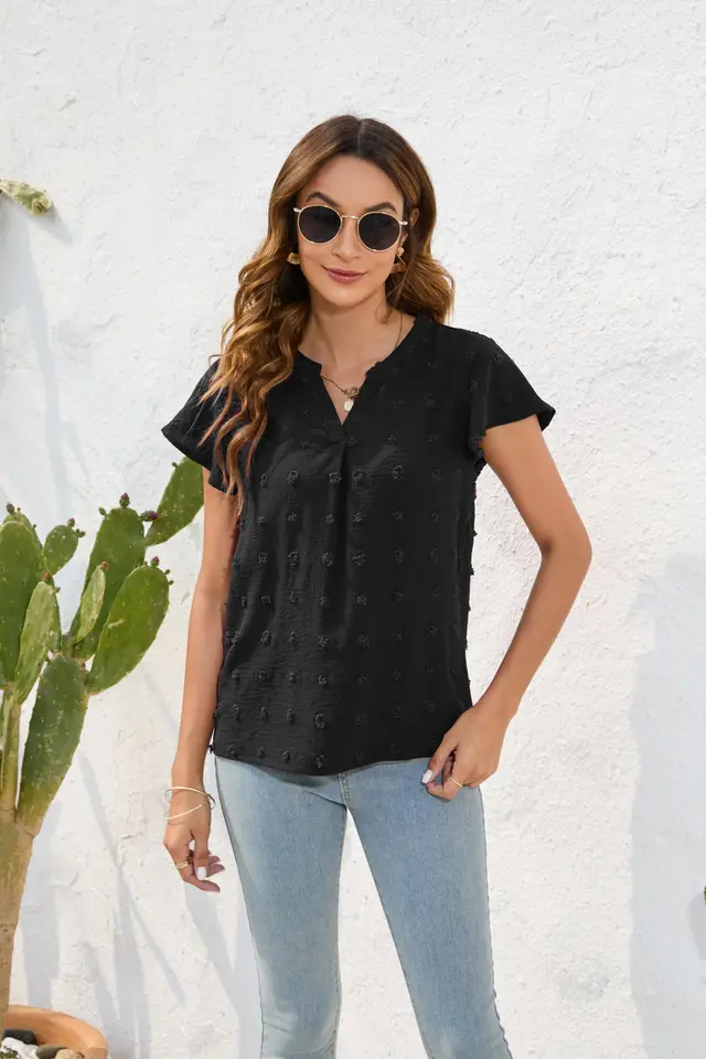 Round Neck Short Sleeve Commuter Fur Ball Top Black - Shop at LoveMi