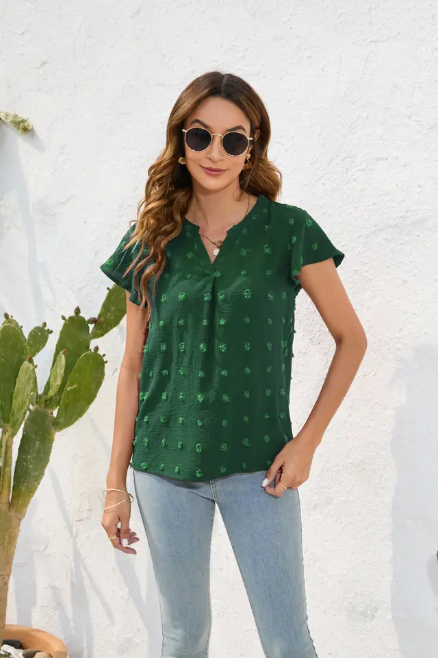 Round Neck Short Sleeve Commuter Fur Ball Top Green - Shop at LoveMi