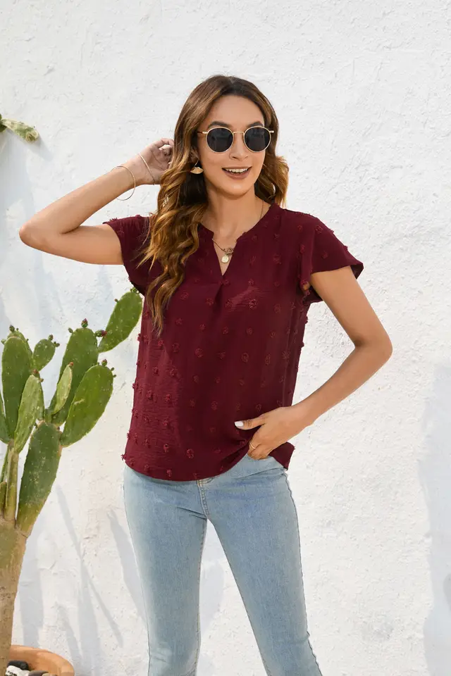 Round Neck Short Sleeve Commuter Fur Ball Top Red - Shop at LoveMi