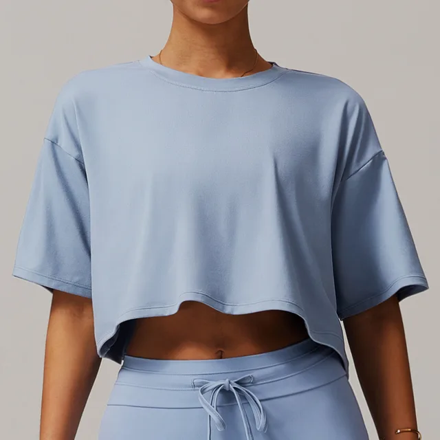 Brushed Sports Short sleeved Top Comfortable Round Neck Gray Blue - Shop at LoveMi