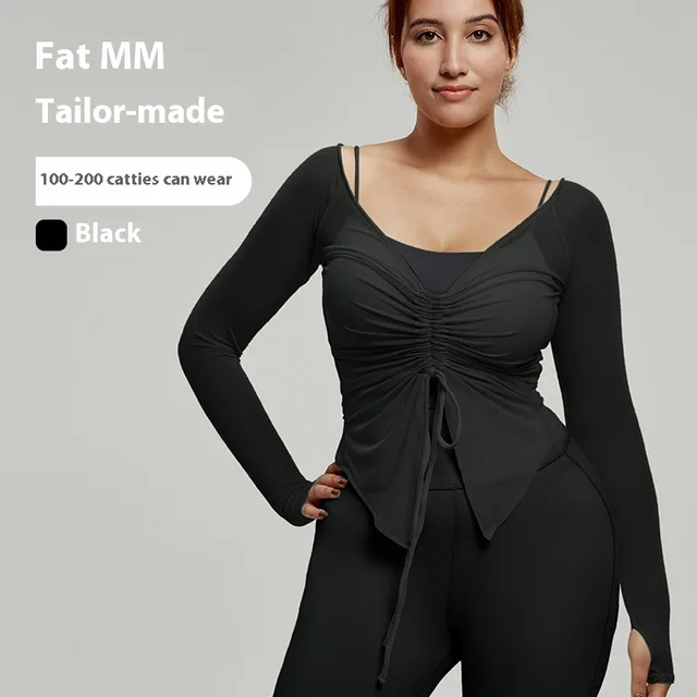 Plus Size Yoga Wear Blouse Long Sleeve Fat Top Black - Shop at LoveMi